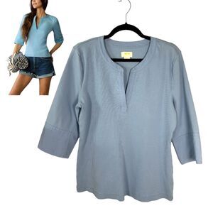 Maeve Anthropologie Blue Ribbed 3/4 Sleeve Placket Blouse Size XL